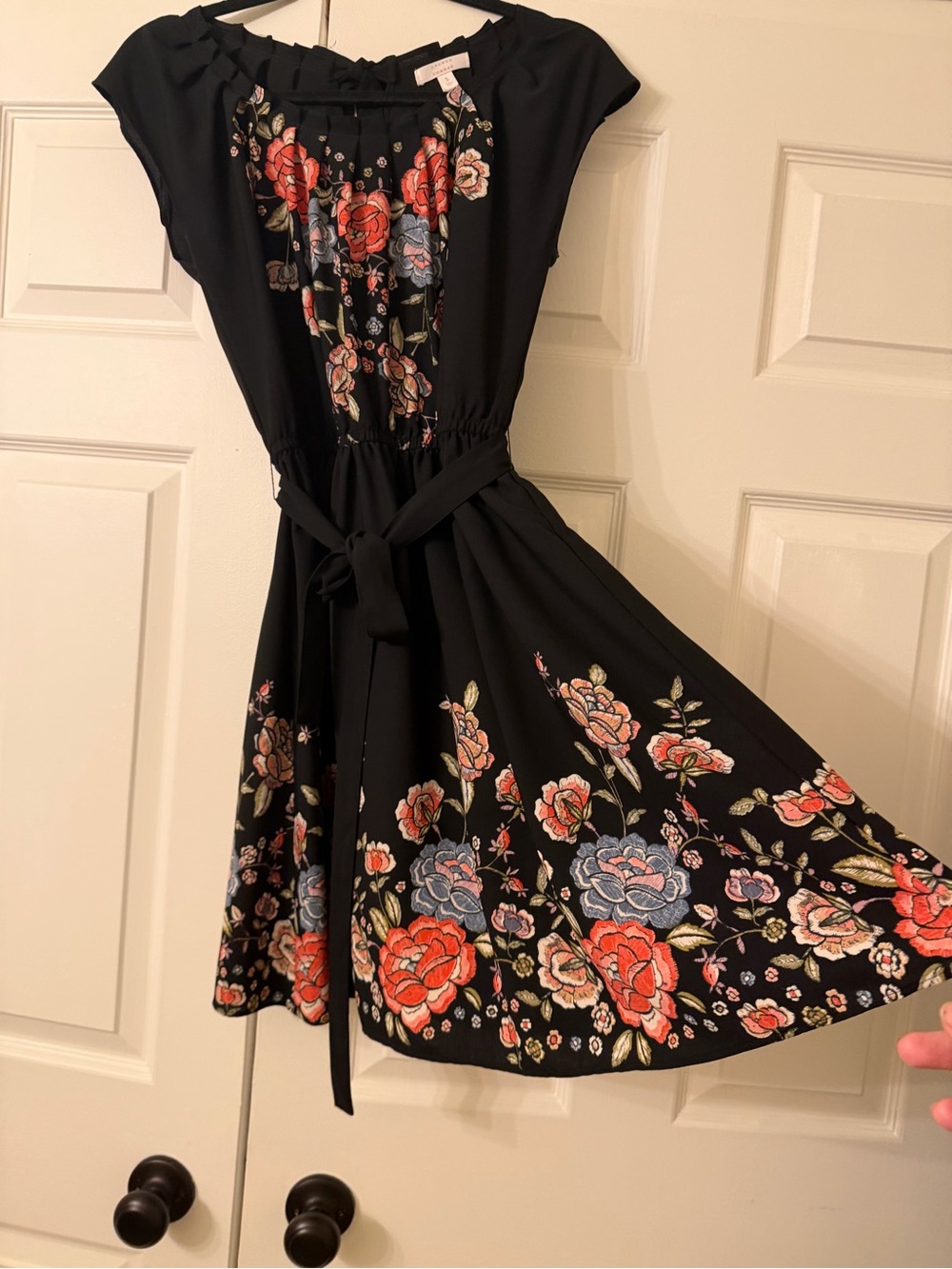 LC Lauren Conrad Black Floral Midi Dress with Tie Waist